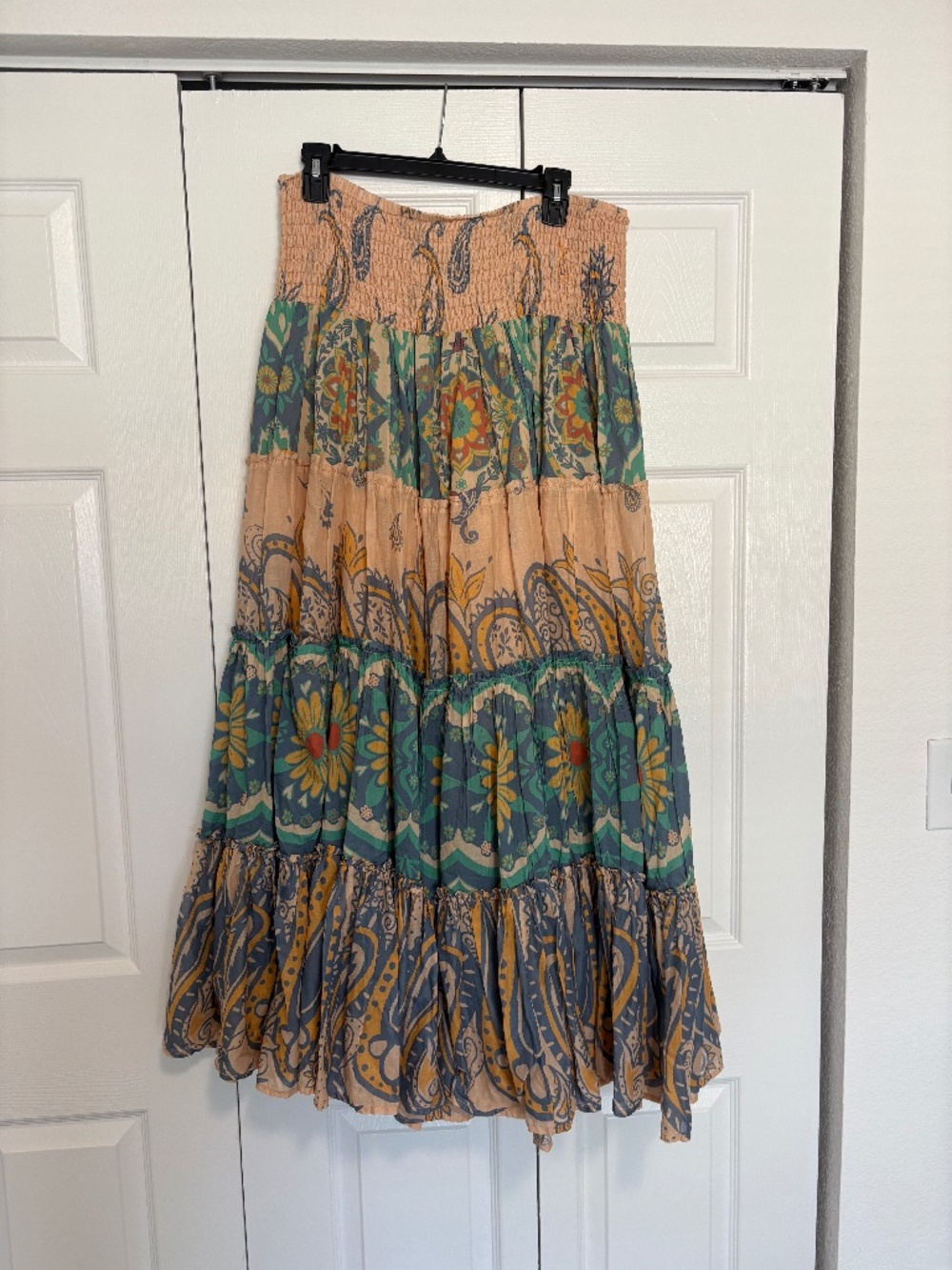 Free people long skirt - peach with smoky blue, gold, and green